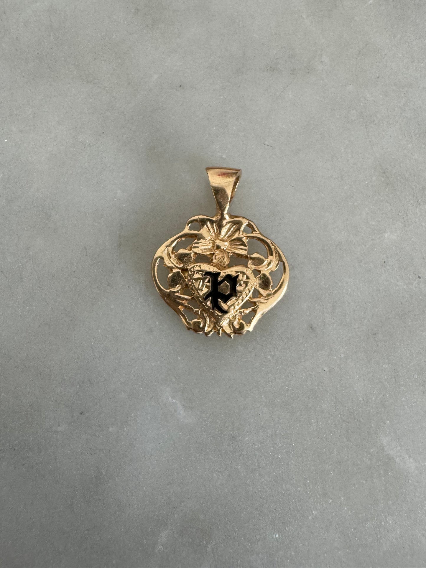 14k P Initial Monogram Black Enamel Heart Floral Pendant