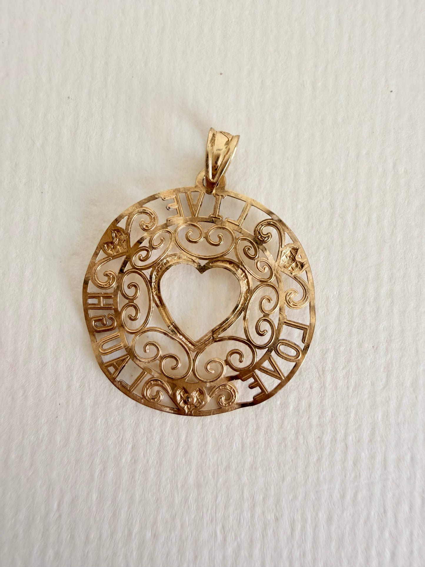 14k LIVE , LOVE,LAUGH,” Two-tone Round Open Heart