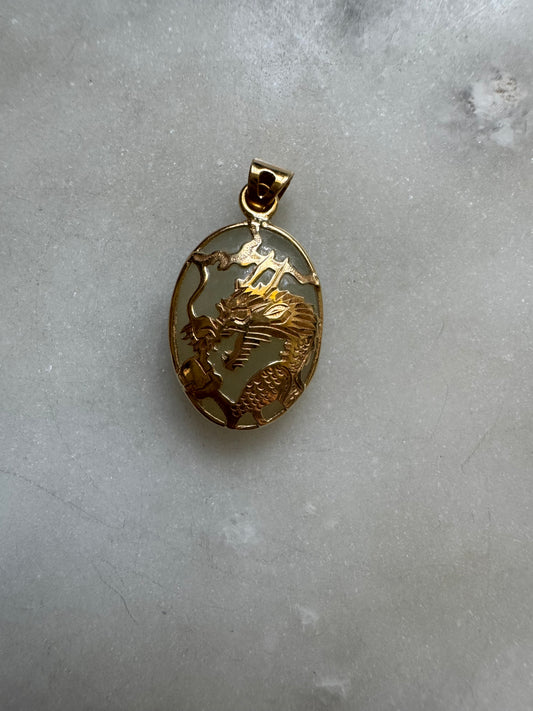14k Jade Dragon Oval Pendant