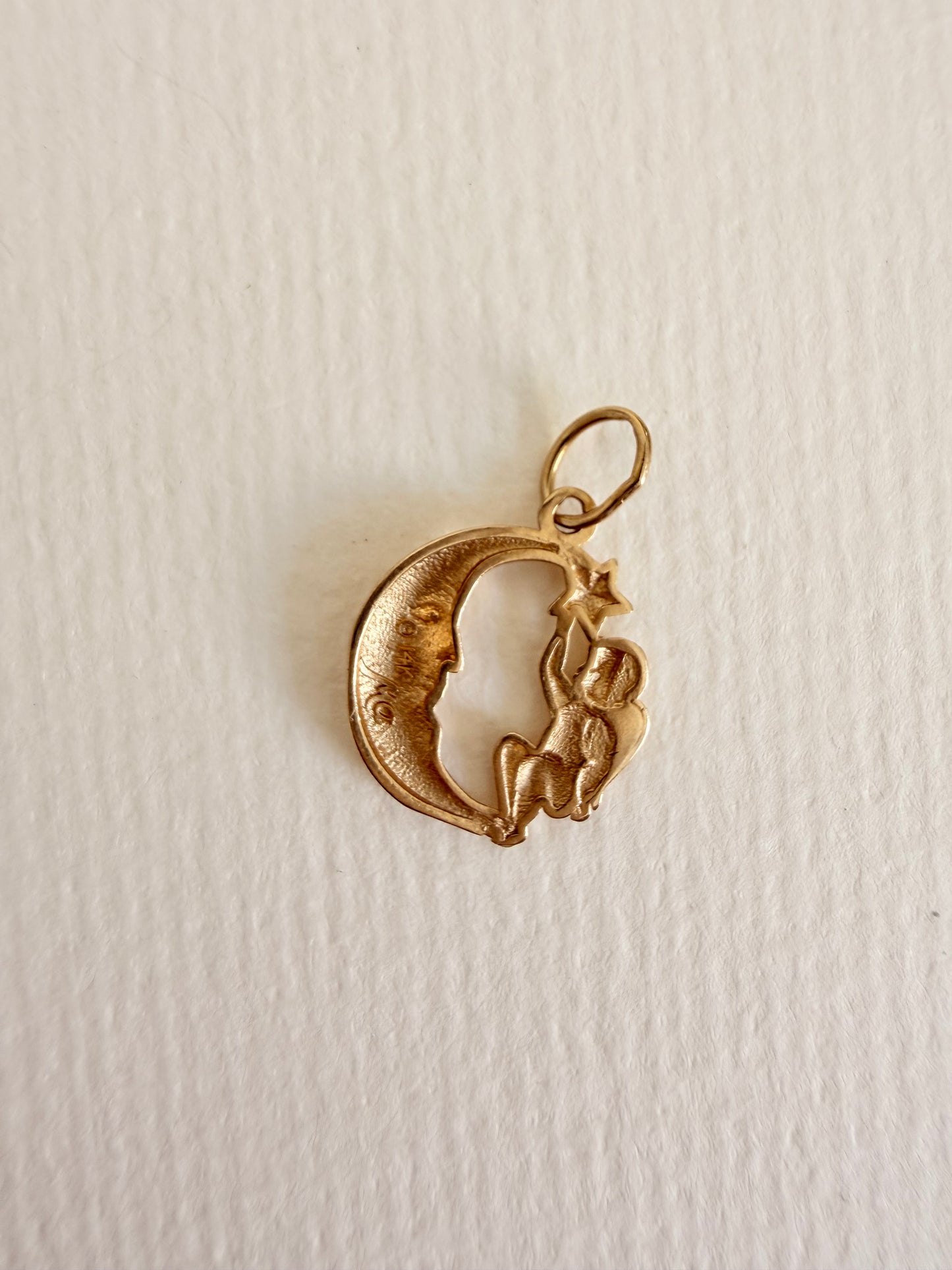 14k Vintage Cherub with Moon and star