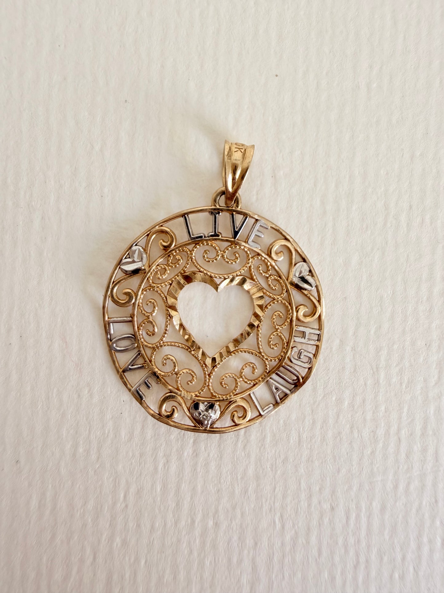 14k LIVE , LOVE,LAUGH,” Two-tone Round Open Heart