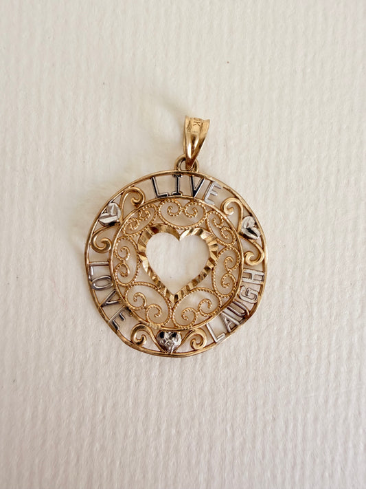14k LIVE , LOVE,LAUGH,” Two-tone Round Open Heart