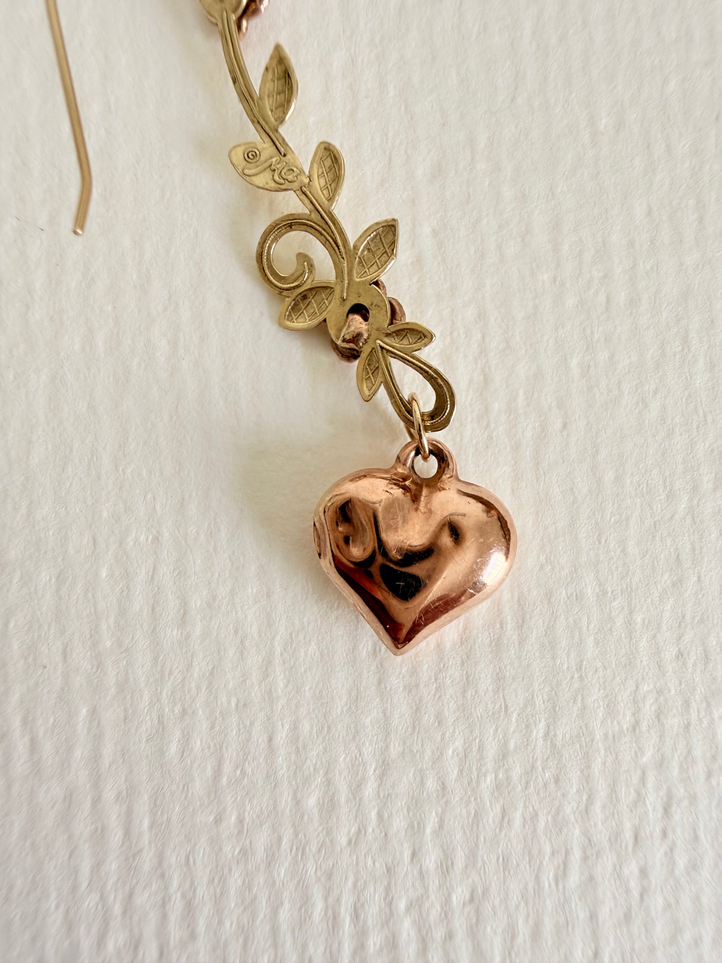 10k Vintage Heart and Rose Dangle Earrings