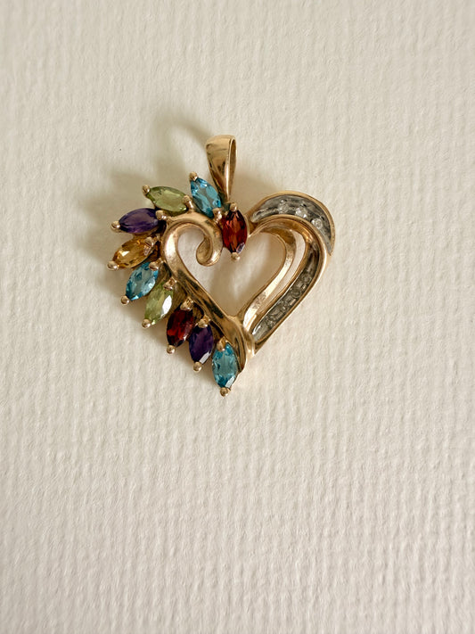 10k Heart with Multicolored Stones and Diamond Accents