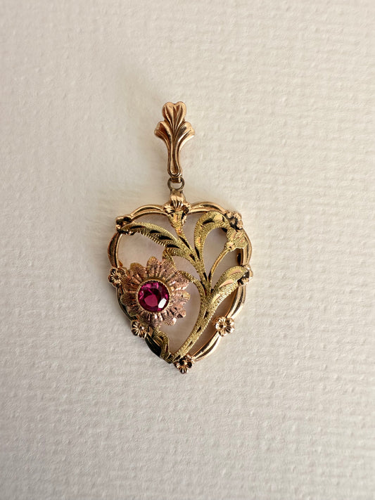 10k Vintage Ruby Floral Charm