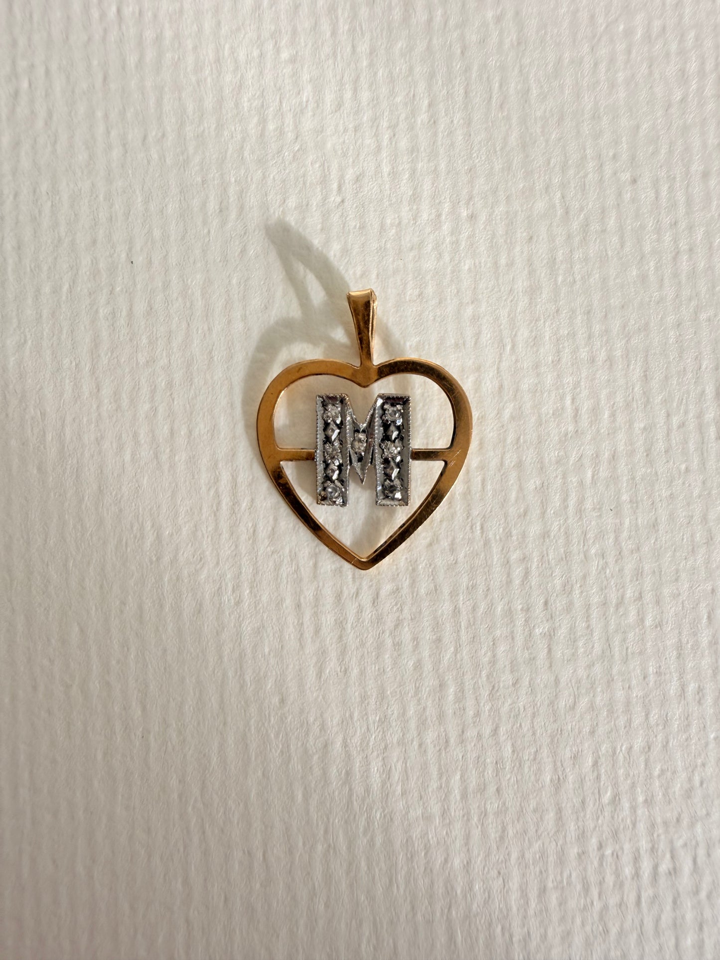 14k Two-tone vintage initial “M” in heart