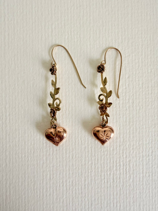 10k Vintage Heart and Rose Dangle Earrings