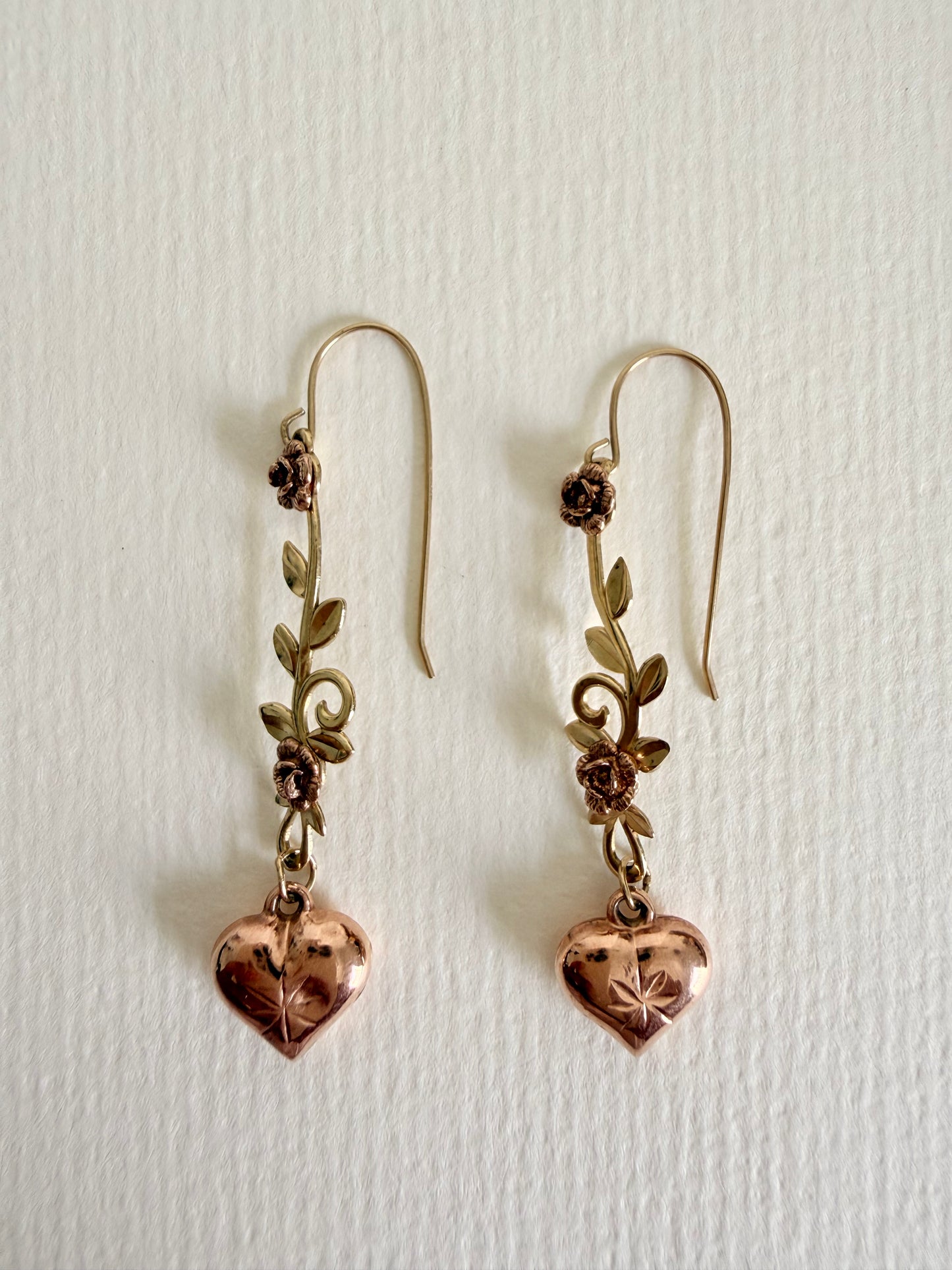 10k Vintage Heart and Rose Dangle Earrings