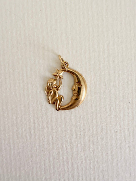 14k Vintage Cherub with Moon and star